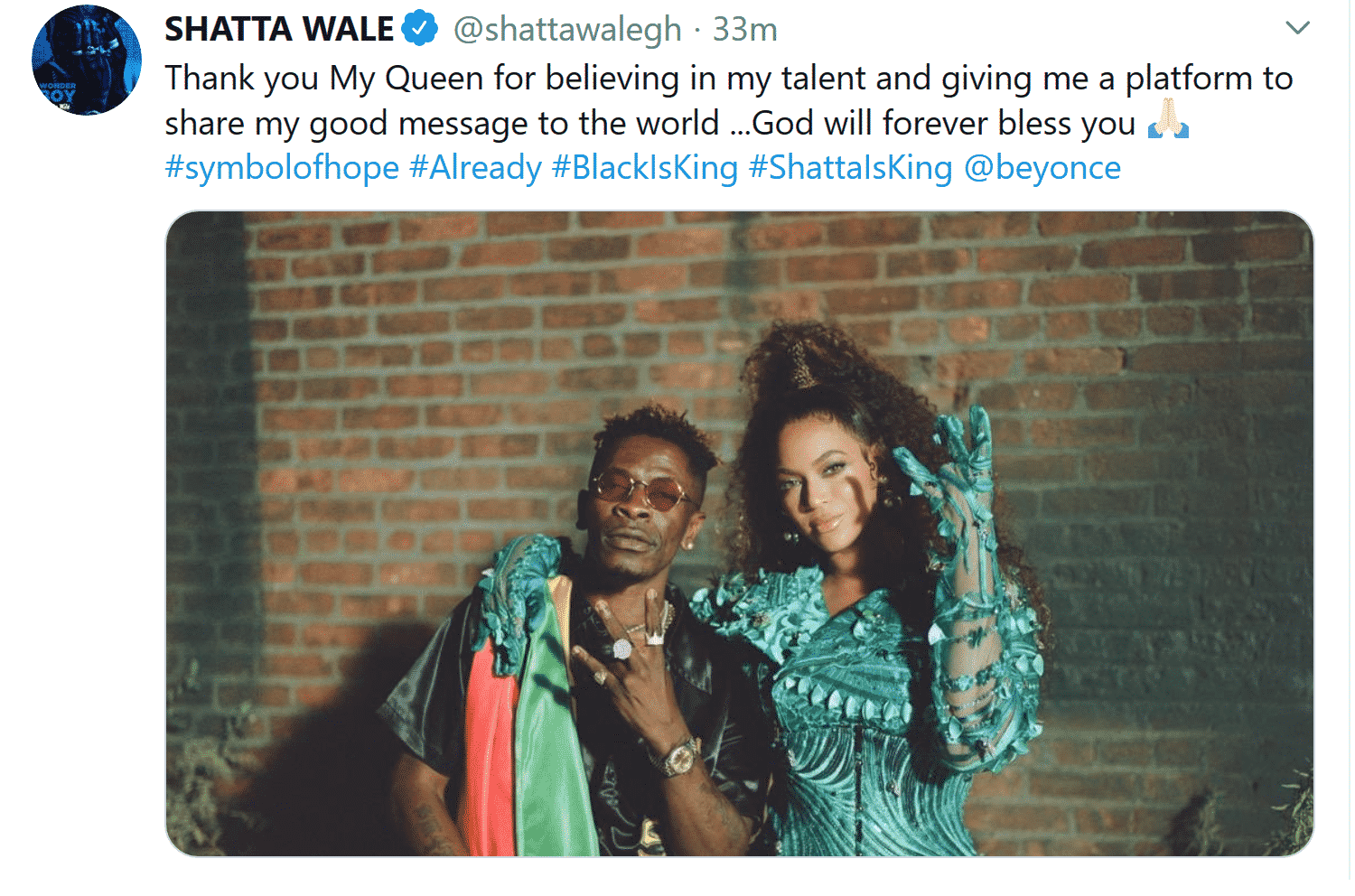 Shatta Wale Shows Appreciation to Beyonce For Believing in Him