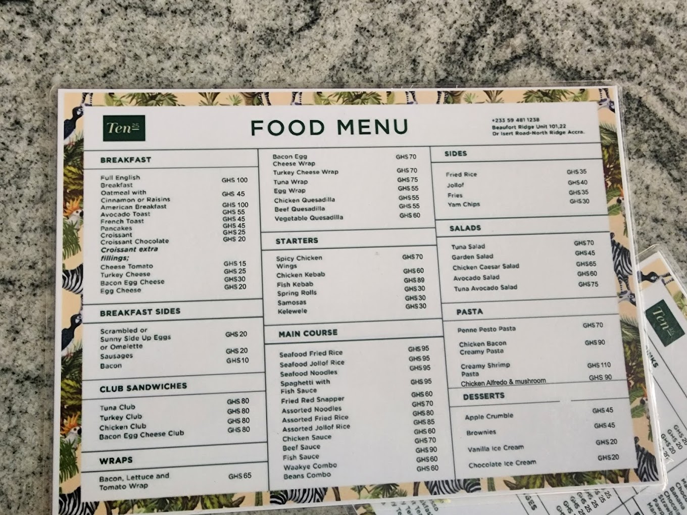 ten25 cafe accra menu