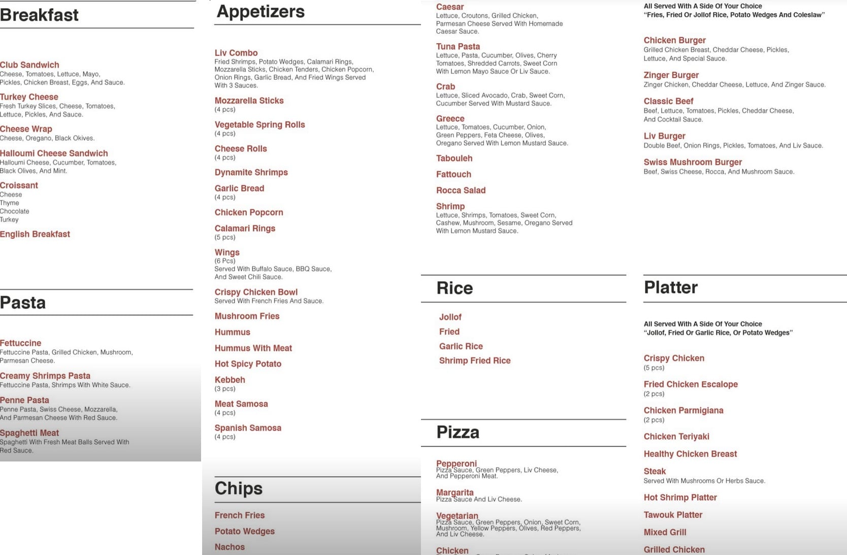 Liv Resto Cafe Ghana Menu East Legon